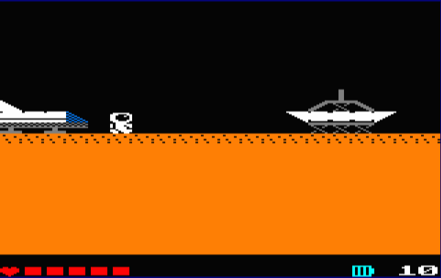 Captura del juego: el protagonista junto a su nave en la superficie de Ganímedes, con un dron enemigo a la derecha.